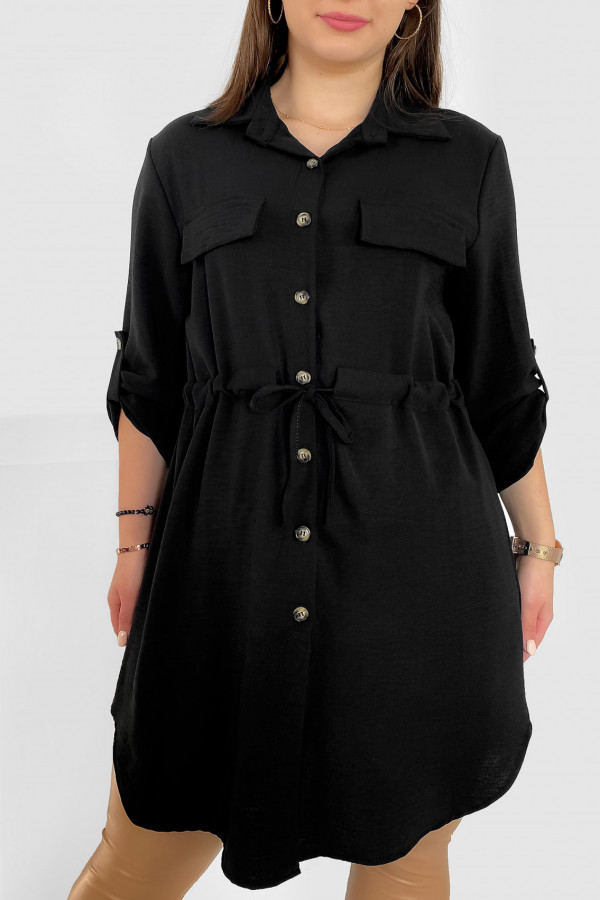 Długa koszula tunika w kolorze czarnym z podpinanym rękawem wiązanie w pasie Ruka 2