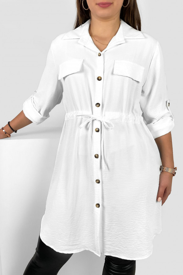 Długa koszula tunika w kolorze białym z podpinanym rękawem wiązanie w pasie Ruka 1
