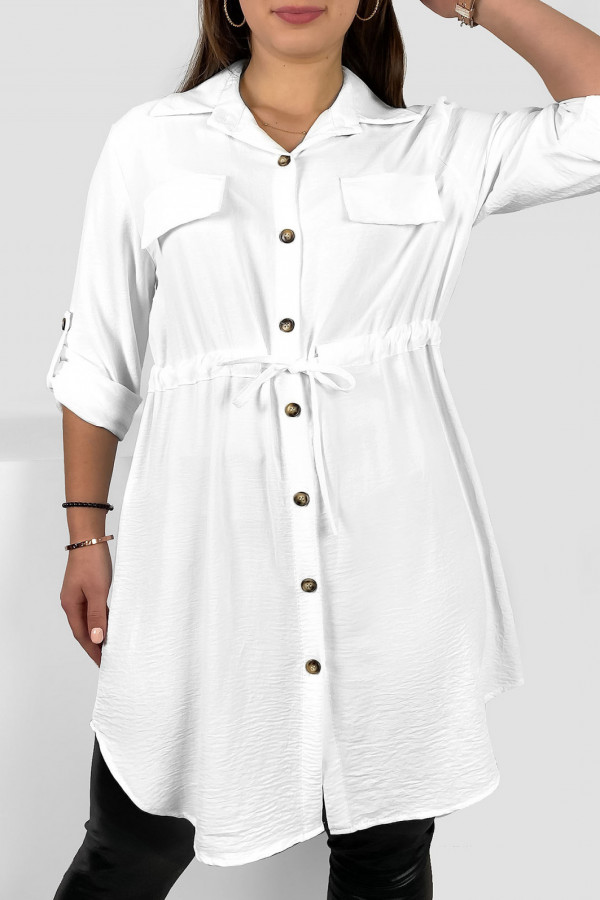 Długa koszula tunika w kolorze białym z podpinanym rękawem wiązanie w pasie Ruka 3
