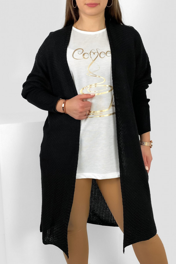 Lekki kardigan długi sweter damski plus size w kolorze czarnym narzutka Salvador