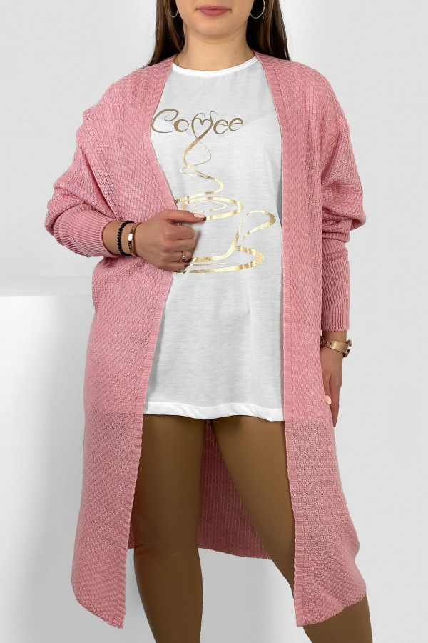 Lekki kardigan długi sweter damski plus size w kolorze pudrowym narzutka Salvador
