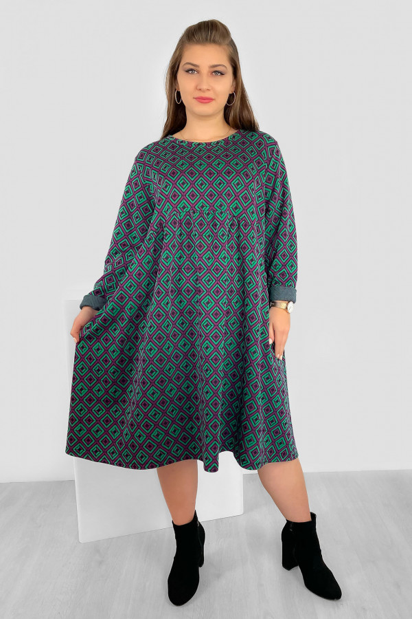 Duża sukienka plus size zielono amarantowe romby długi rękaw kieszenie Nissy 2