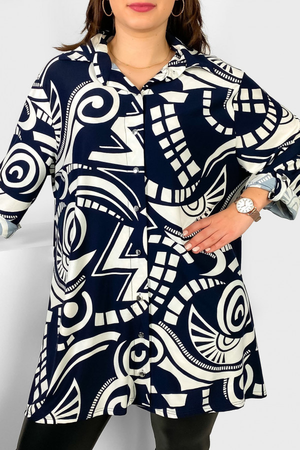 Długa koszula tunika w kolorze granatowym wzór abstrakcyjny z rękawem 3/4 Dimaa