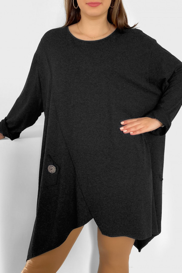 Duża asymetryczna tunika damska w kolorze czarnym boki rogi ozdobny guzik Mandy 1