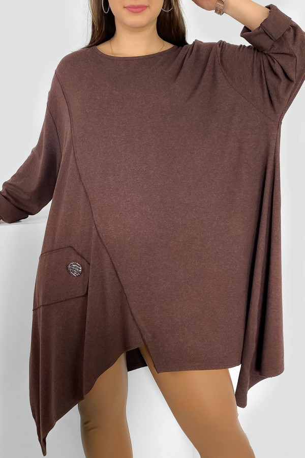 Duża asymetryczna tunika damska w kolorze brązowym boki rogi ozdobny guzik Mandy