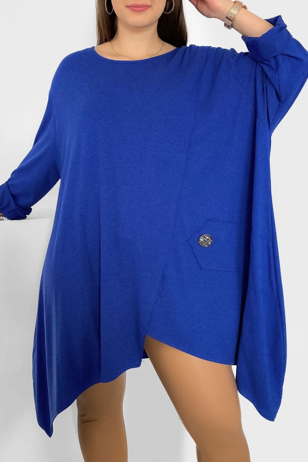 Duża asymetryczna tunika damska w kolorze kobaltowym boki rogi ozdobny guzik Mandy