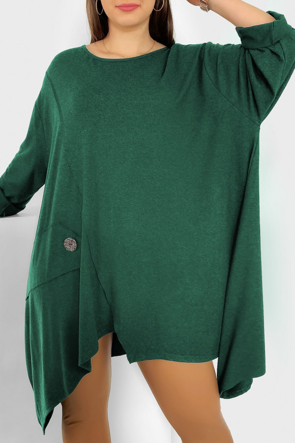 Duża asymetryczna tunika damska w kolorze butelkowej zieleni boki rogi ozdobny guzik Mandy