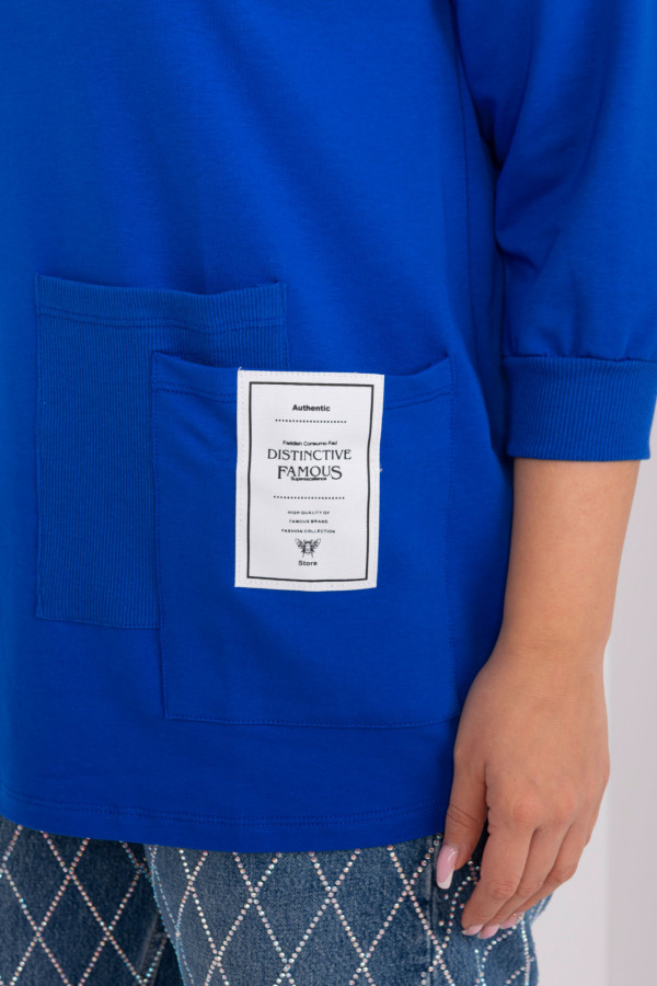 Bluzka dresowa plus size w kolorze kobaltowym sznurowany dekolt podwójna kieszeń Olin 2