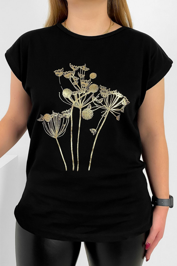 T-shirt damski nietoperz w kolorze czarnym złoty print dmuchawce