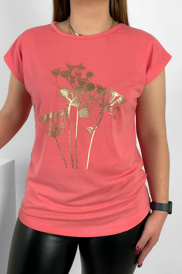 T-shirt damski nietoperz w kolorze morelowym złoty print dmuchawce