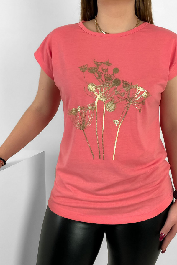 T-shirt damski nietoperz w kolorze morelowym złoty print dmuchawce 1
