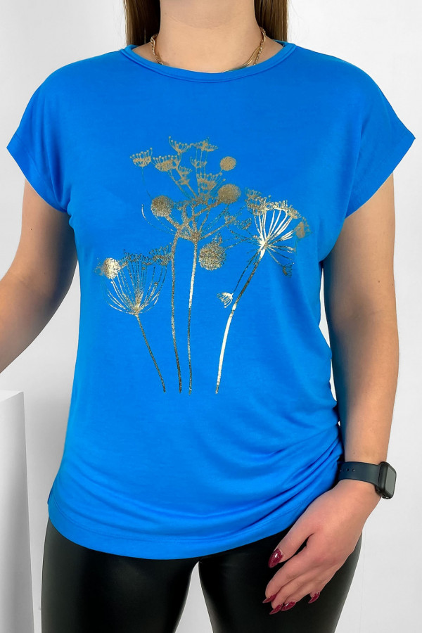 T-shirt damski nietoperz w kolorze niebieskim złoty print dmuchawce