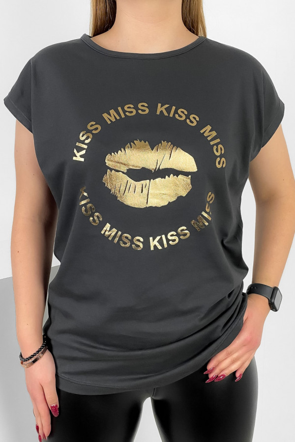 T-shirt damski nietoperz w kolorze grafitowym złoty print usta kiss