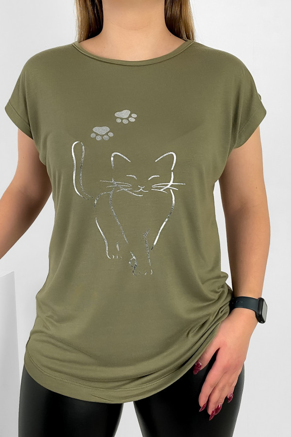 T-shirt damski nietoperz w kolorze khaki srebrny kot cat