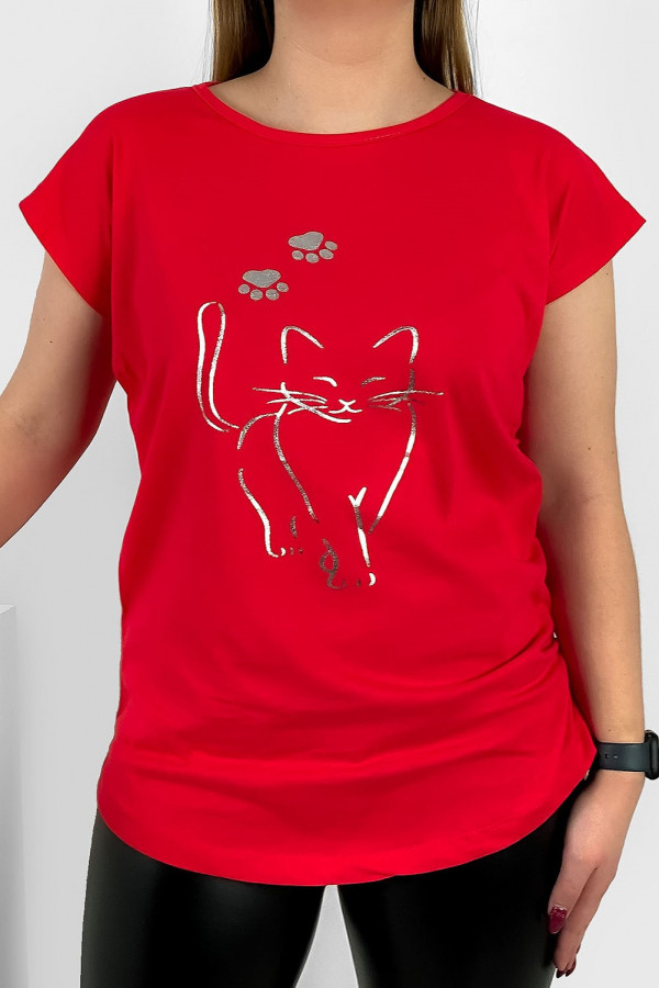 T-shirt damski nietoperz w kolorze koralowym srebrny kot cat