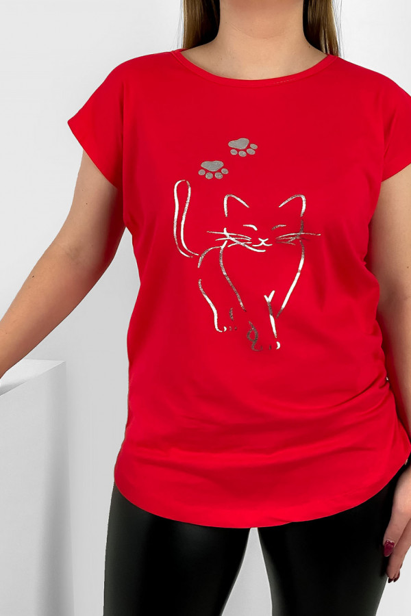T-shirt damski nietoperz w kolorze koralowym srebrny kot cat 1