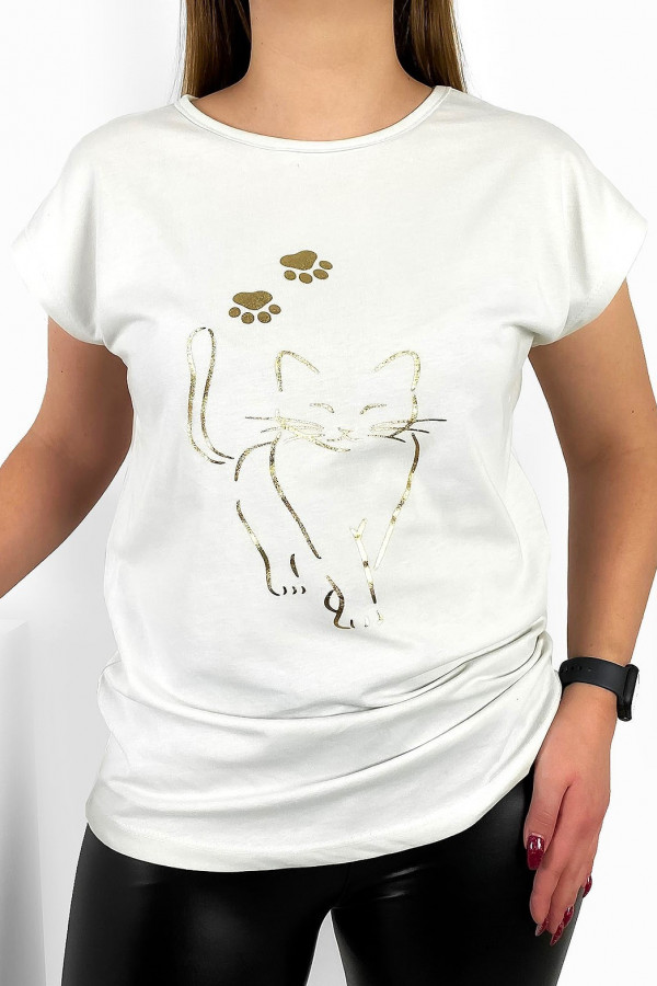 T-shirt damski nietoperz w kolorze ecru złoty kot cat 1