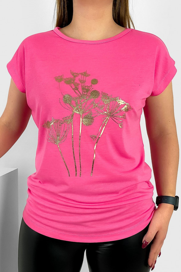 T-shirt damski nietoperz w kolorze różowym złoty print dmuchawce