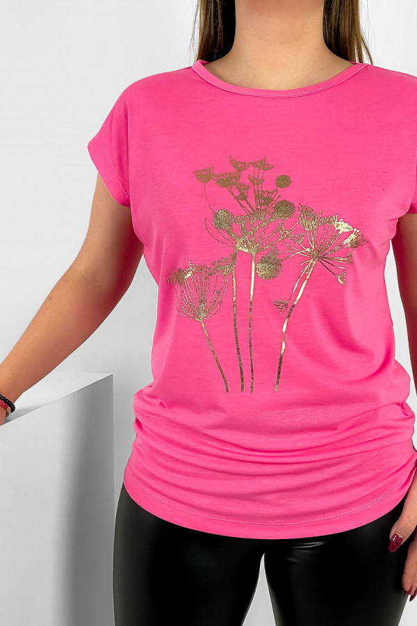 T-shirt damski nietoperz w kolorze różowym złoty print dmuchawce 1