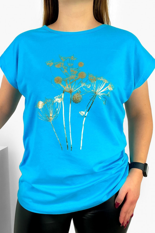 T-shirt damski nietoperz w kolorze turkusowym złoty print dmuchawce 2