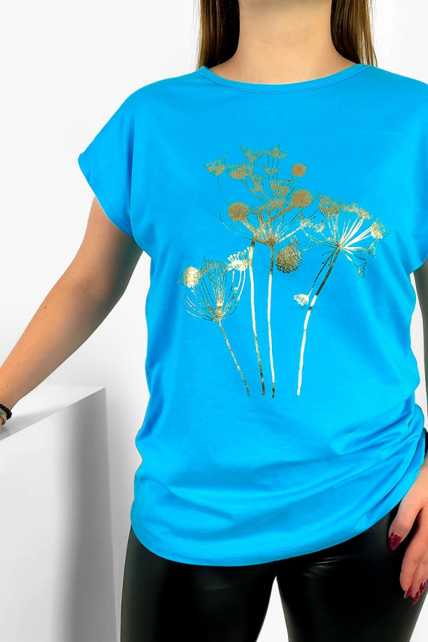 T-shirt damski nietoperz w kolorze turkusowym złoty print dmuchawce 1