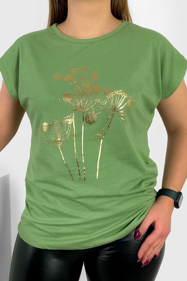 T-shirt damski nietoperz w kolorze pistacjowym złoty print dmuchawce