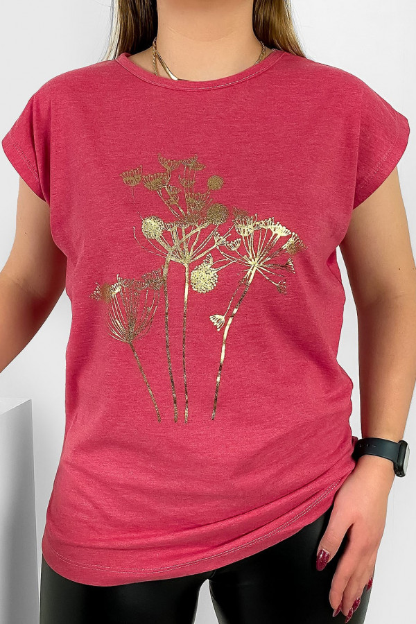 T-shirt damski nietoperz w kolorze truskawkowym złoty print dmuchawce