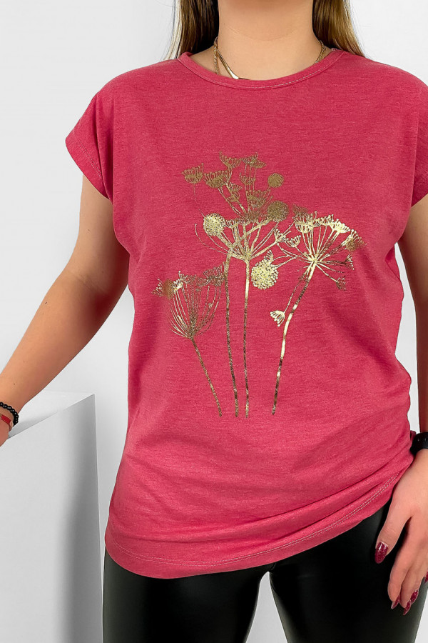 T-shirt damski nietoperz w kolorze truskawkowym złoty print dmuchawce 1