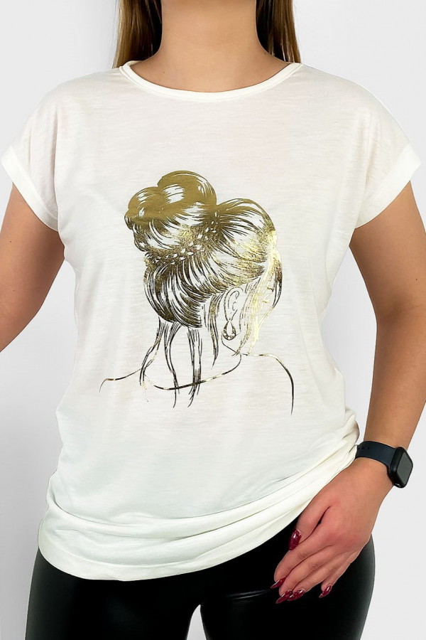 T-shirt damski nietoperz w kolorze ecru złoty print kobieta kok