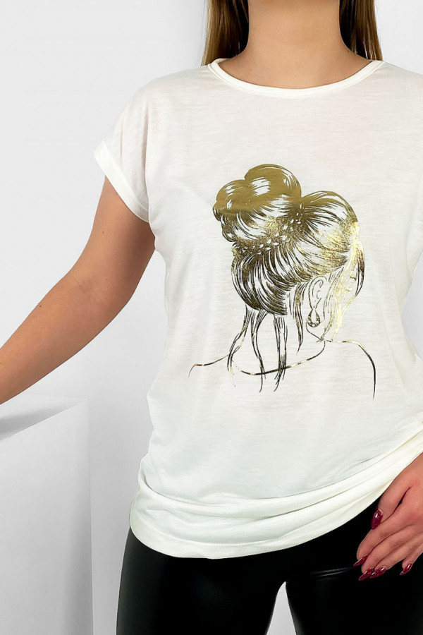 T-shirt damski nietoperz w kolorze ecru złoty print kobieta kok 1