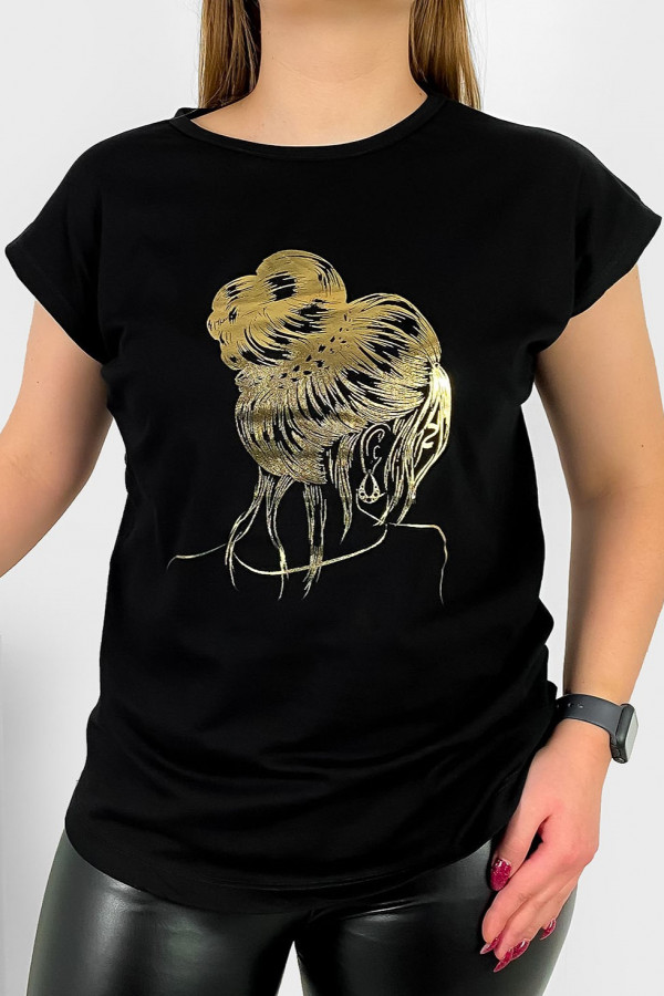 T-shirt damski nietoperz w kolorze czarnym złoty print kobieta kok