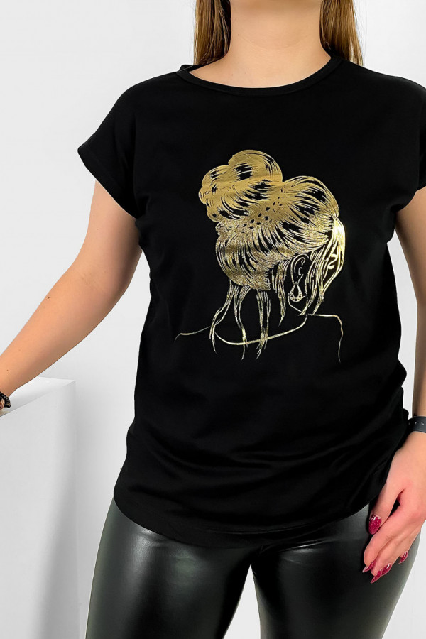 T-shirt damski nietoperz w kolorze czarnym złoty print kobieta kok 1