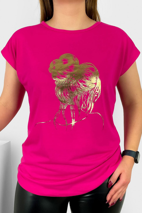T-shirt damski nietoperz w kolorze fuksji złoty print kobieta kok
