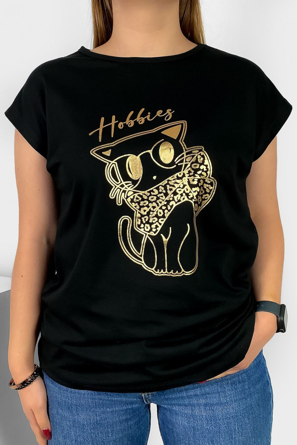 T-shirt damski nietoperz w kolorze czarnym złoty print kot cat Hobbies