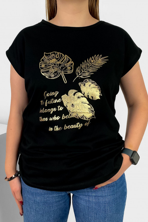 T-shirt damski nietoperz w kolorze czarnym złoty print napisy liście