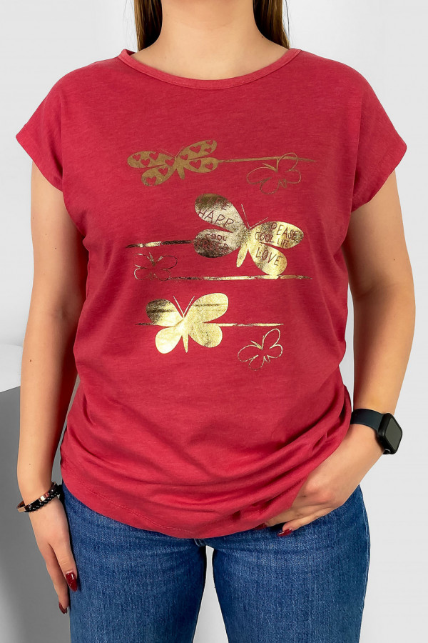 T-shirt damski nietoperz w kolorze truskawkowym złoty print motylki
