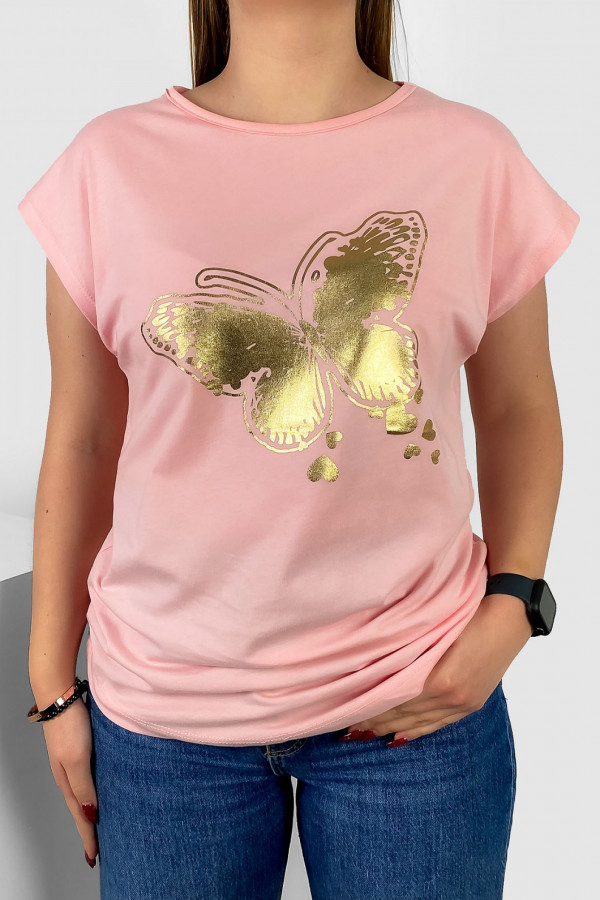 T-shirt damski nietoperz w kolorze pudrowym złoty print motyl