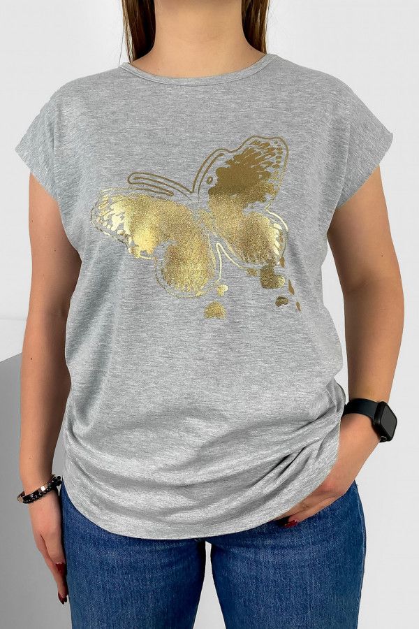 T-shirt damski nietoperz w kolorze szary melanż złoty print motyl