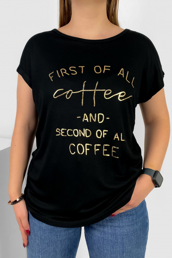 T-shirt damski nietoperz w kolorze czarnym złoty print napis Coffee