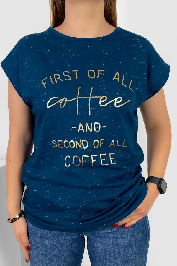 T-shirt damski nietoperz w kolorze morskim deszczyk złoty print napis Coffee
