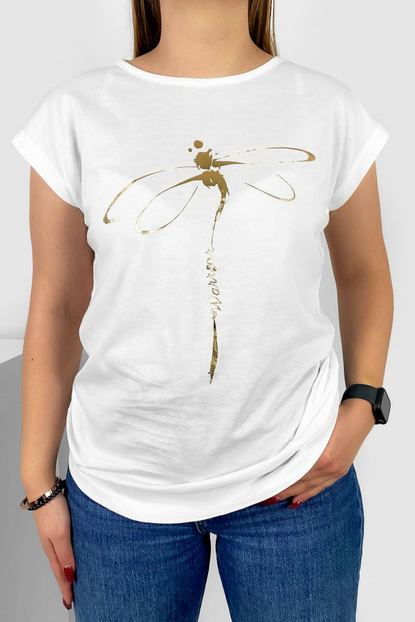 T-shirt damski nietoperz w kolorze białym złoty print ważka