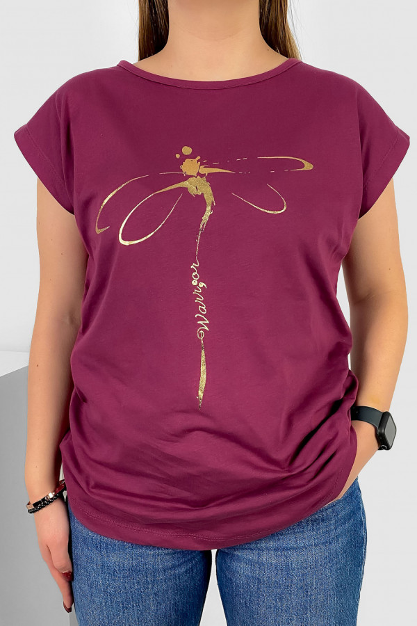 T-shirt damski nietoperz w kolorze rubinowym złoty print ważka