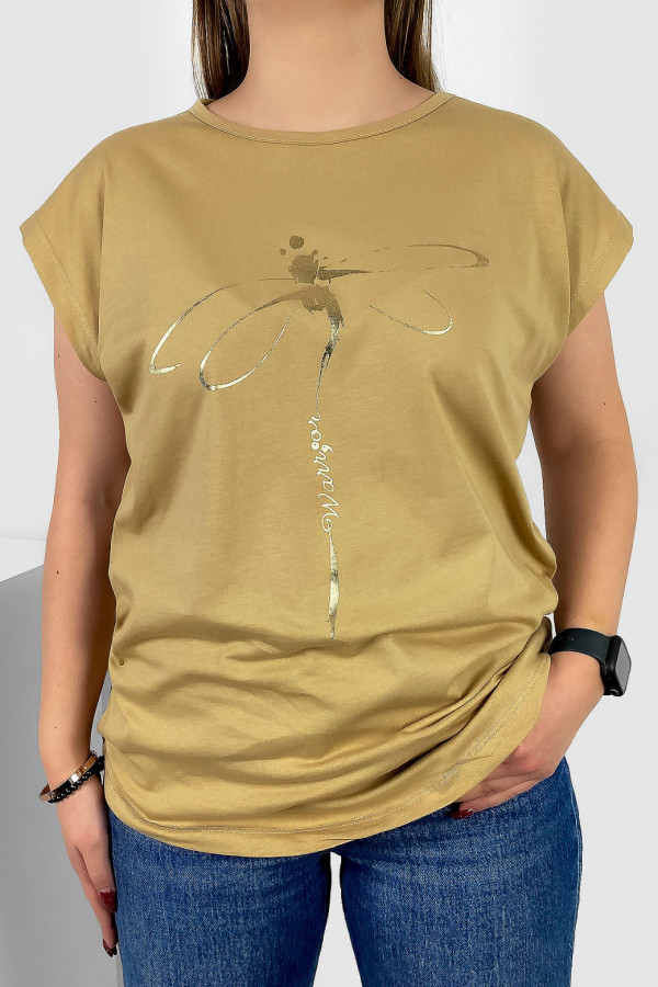 T-shirt damski nietoperz w kolorze beż latte złoty print ważka