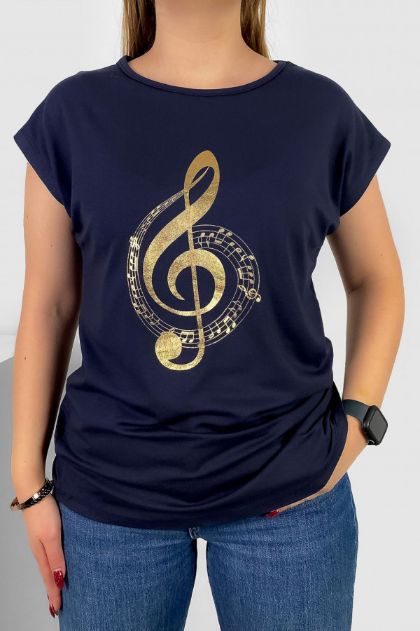 T-shirt damski nietoperz w kolorze granatowym złoty print music nutki