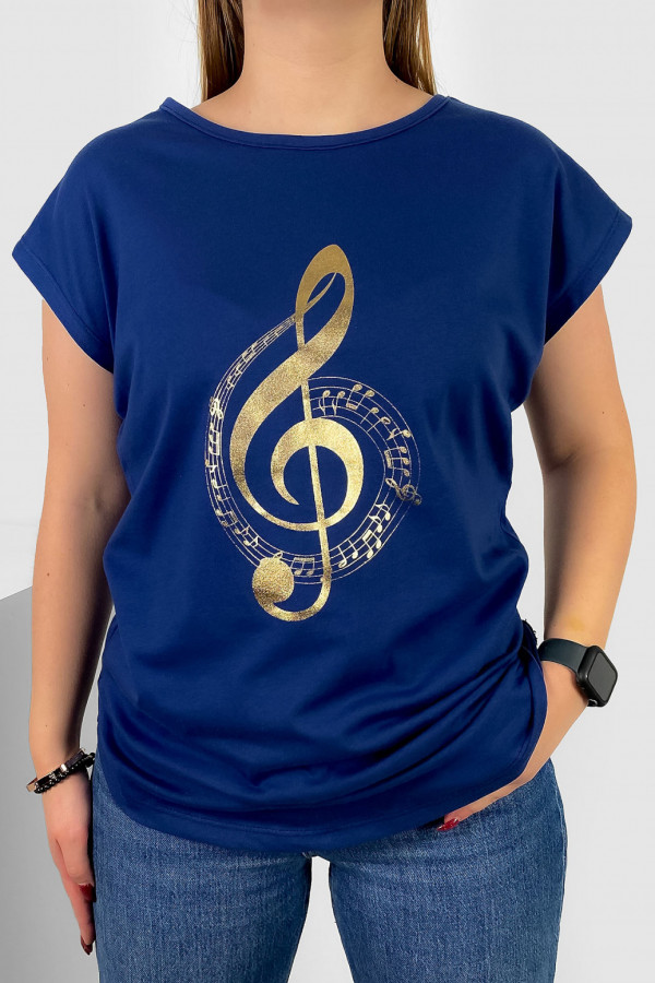 T-shirt damski nietoperz w kolorze dark blue złoty print music nutki