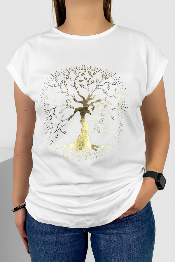 T-shirt damski nietoperz w kolorze białym złoty print drzewo