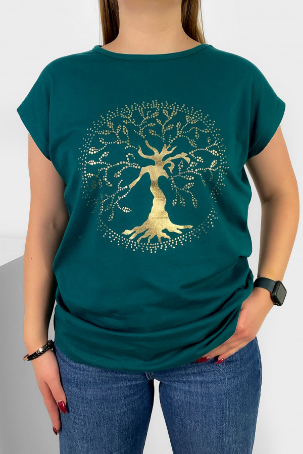 T-shirt damski nietoperz w kolorze morskiej zieleni złoty print drzewo