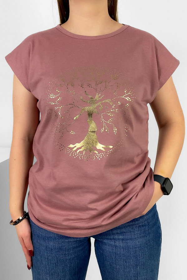 T-shirt damski nietoperz w kolorze brudnego różu złoty print drzewo