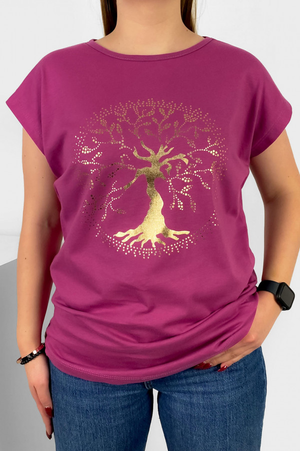 T-shirt damski nietoperz w kolorze indyjskiego różu złoty print drzewo