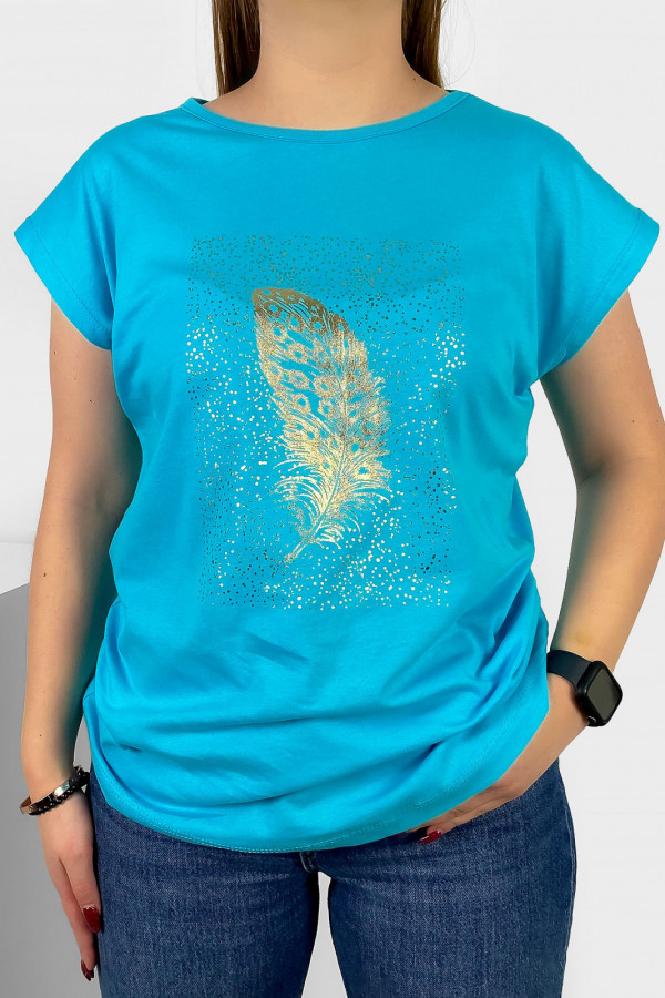 T-shirt damski nietoperz w kolorze turkusowym złoty print piórko